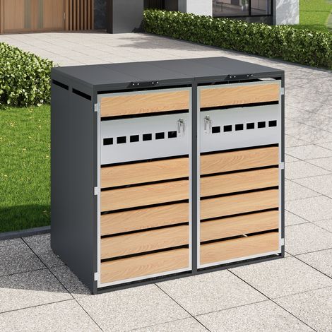 Mülltonnenbox grau in Stahl mit Holzoptik, abschließbar, mit hydraulischem Klappdeckel und 2 Türen (1/5)