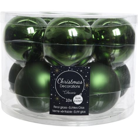 Caja de 10 bolas de Navidad de vidrio verde pino Ø6 cm