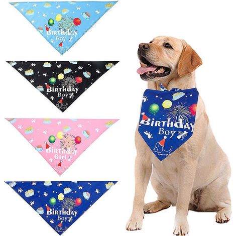 Set mit 4 waschbaren, dreieckigen Lätzchen mit Geburtstagsmotiv für kleine und mittelgroße Hunde, inklusive integriertem Halstuch, für Welpen und andere kleine Hunde. Festliche Dekoration. (1/4)