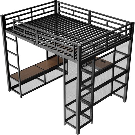 GagaLit mezzanine en métal 140x200cm avec rangement, armoire ouverte, port USB et éclairage LED, noir (1/5)