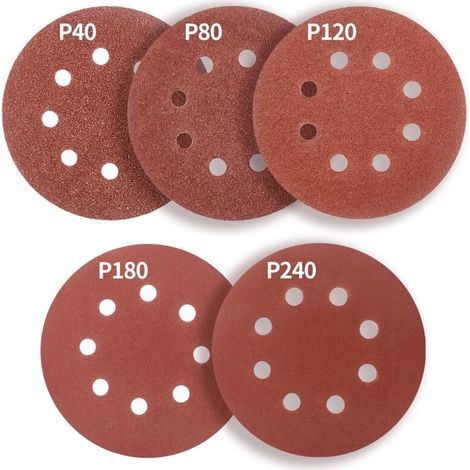 125-mm-Schleifscheiben, 8 Löcher, 50 Stück: Selbstklebende, perforierte Schleifscheiben, 125 mm, Körnung 40, 80, 120, 180, 240, für Exzenterschleifer, Schleif-/Polierarbeiten (1/5)
