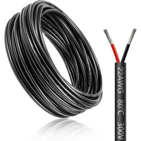 Câble électrique 50 mètres 22 AWG 2x0,3mm² à 2 conducteurs, fil de cuivre étamé flexible, impédance faible, compatible alimentation LED 5V / 12V / 24V, résistance aux hautes températures (1/5)