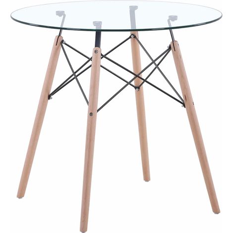 ORION91oficial® - Mesa Redonda (Ø80 x 75cm) Cristal 4 Patas Madera de Haya, Estilo Nórdico, Bar,Restaurante,Hostelería,Comedor,Salón,Cocina,Teletrabajo,Oficina - spaziOrion91