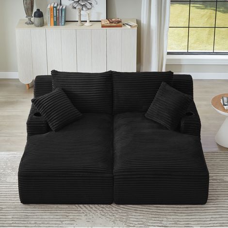 Canapé double chaise longue compressé en tissu côtelé noir, porte-gobelets, pour salon – MEUBLIV (1/5)