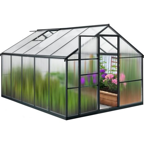 Gegaden Gewächshaus Aluminium mit 302 x 238cm Fundament 4mm Platten gartengewächshäuser groß Treibhaus Winterfest Frühbeet Aufzucht 10,55m³ grau