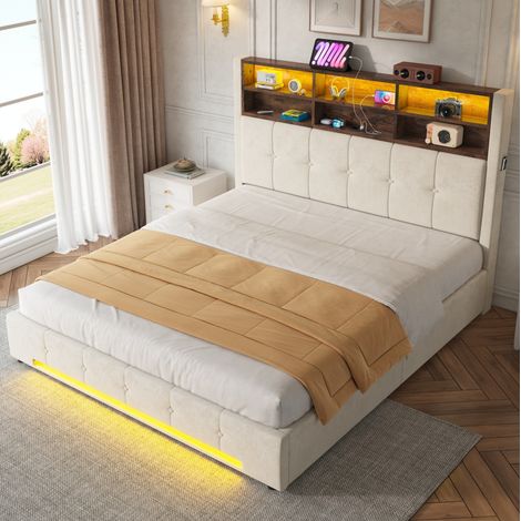Lit coffre moderne 160x200 cm en velours beige avec tête de lit multifonction, USB-C, LED et rangement relevable (1/5)