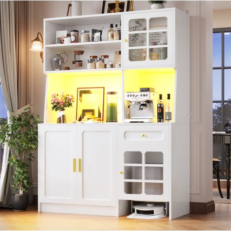 Buffet de cuisine 130x45x180 cm blanc en MDF avec LED et portes vitrées (1/5)