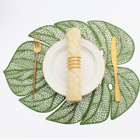 Lot de 6 sets de table en vinyle en forme de feuille pour table de salle à manger, set de table en plastique métallique facile à nettoyer, vert, 45 x 35 cm (1/5)