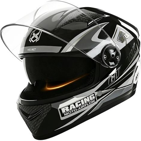 Casque de moto, approuvé DOT, double visière, Argent Noir (1/2)