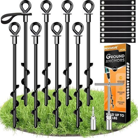 8 - Ancrage Au Sol - Kit Fixation Trampoline - Résistant Vent Fort Avec Sangles - Pour Jardin Et Extérieur - Argent - 14cm (1/5)