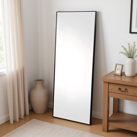 Ganzkörperspiegel 77 x 177 cm, quadratischer Standspiegel mit Rahmen and Aluminiumlegierung, Schlafzimmerspiegel mit robustem Glas, für Schlafzimmer, Wohnzimmer und Garderobe, Schwarz (1/5)