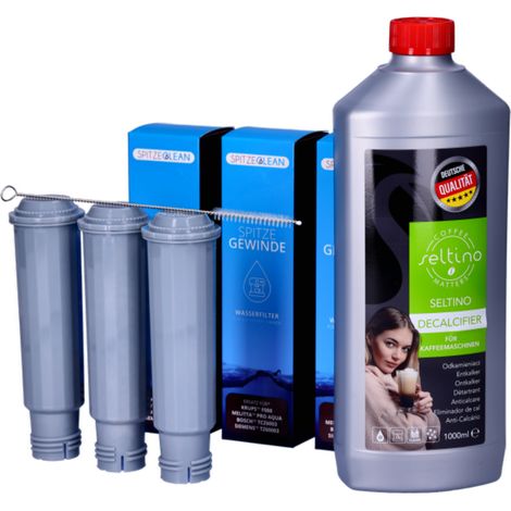 Set para cafeteras Krups, Siemens, AEG, Bosch, Gaggenau, Melitta, Nivona, Cacoon, Neff: filtro Spitze Gewinde x3, descalcificador Seltino 1 l, cepillo Seltino (1/5)