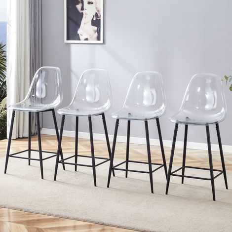 CAIziLot de 4 tabourets de bar transparents, avec structure métallique en argent/or/noir, chaises design modernes pour cuisine, bar ou salle à manger (chaises uniquement, sans table)