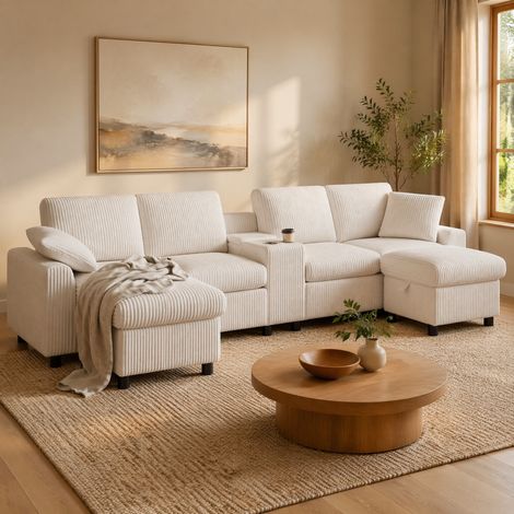 Canapé en U velours côtelé beige avec rangements OKMYHOME (1/5)