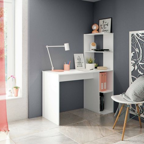 Dmora - Escritorio Dlup, Escritorio lineal con librería, Mesa de oficina multiusos que ahorra espacio, 110x50h136 cm, Blanco (1/5)