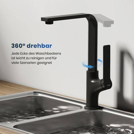EMKE Küchenarmatur Schwarz Matt im Ultradünnen Design 30x22x10 cm Küchenarmatur 360° Drehbar Wasserhahn Küche