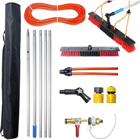 Perche Telescopique à Eau 50m avec Brosse Flexible 55cm Tête Orientable à 180° INCL. Flexible Antigel 20m et Accessoires,avec Sac de Rangement pour Panneaux Solaires,Vitres,Camping-Cars,Bateaux