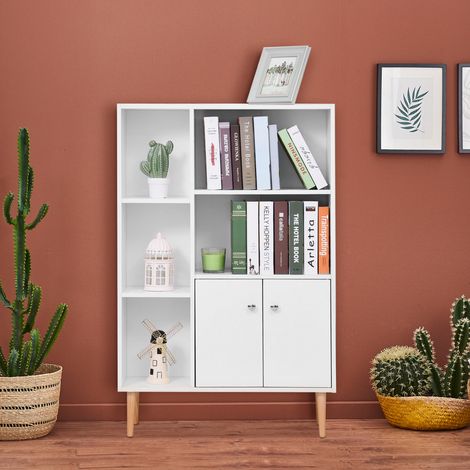Bibliothèque scandinave 5 niches et 2 portes, pieds effilés inclinés, bois massif et panneaux, meuble de rangement blanc, 80x23,5x123 cm