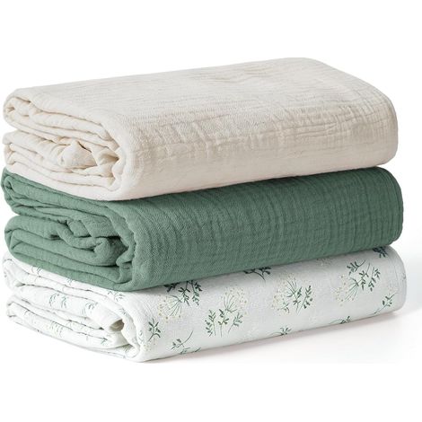 Couverture d’Emmaillotage pour Bébé, Grand Lange Bebe 100x100cm, Ultra Doux et Absorbant pour la Peau Mousseline Couverture pour Bébé Fille et Garçons, Lot de 3 (Fleur Verte) (1/5)