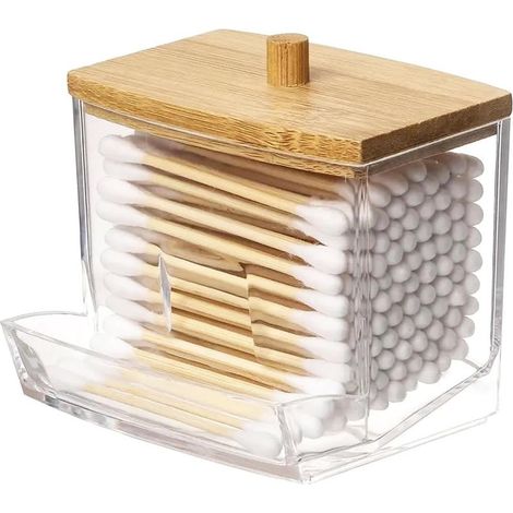 Distributeur de Coton-Tige en Acrylique Avec Couvercle en Bambou - Boîte de Rangement Pour Salle de Bain et Chambre (1/5)