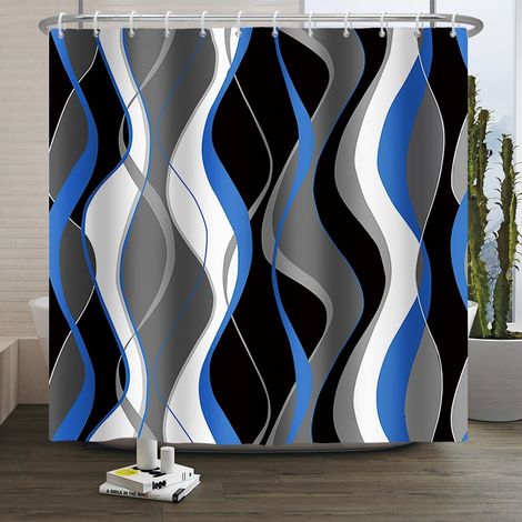 Rideau de Douche à Rayures Rideau de Douche Abstrait à Lignes Courbes colorées Ligne ondulée rayée Rideau de Salle de Bain Bleu Gris Tissu imperméable et Lavable en Machine 180x220cm (1/5)