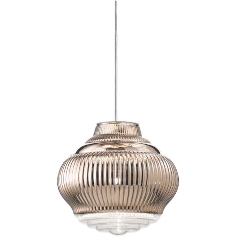 Bonnie Suspension En Verre Soufflé Finition Or Rose, Design Artisanal Avec Travail En Relief Rigadin Et Structure En Métal Gris (1/2)