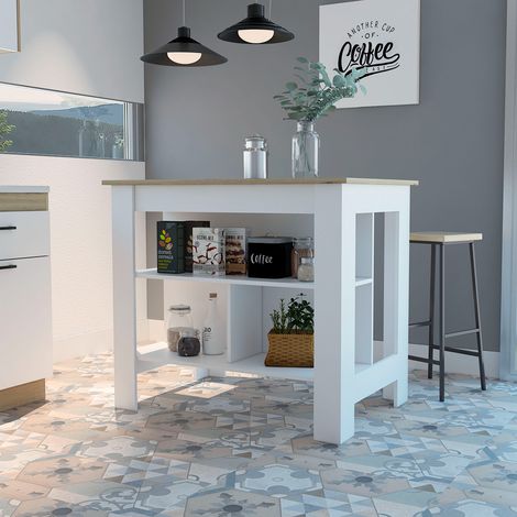 Tuhome Concept – Îlot de cuisine Cala – 3 étagères – Dimensions 90 cm H x 103 cm L x 70 cm P – Bois manufacturé mélaminé – Couleur blanc/chêne clair