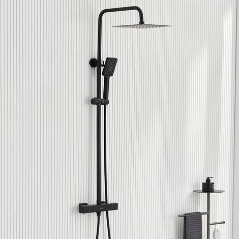 Colonne de Douche Thermostatique,Colonne de Douche Noir avec Mitigeur Thermostatique Mural, Hauteur Réglable Ensemble de Douche Salle de Bain, Tête de Douche Carrée 25X25cm, Douchette 3 Jets (1/5)