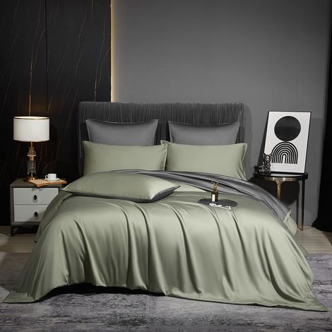 Parure de lit rafraîchissante en bambou 200 x 220 cm - Vert sauge - Vert gris - Uni - Fibres de bambou Lyocell brillant - Housse de couette et taies d'oreiller 80 x 80 cm - Avec fermeture (1/5)