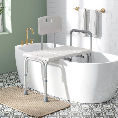 Chaise de douche réglable en hauteur sur 6 niveaux, avec pieds antidérapants et accoudoir, large assise (68,5x40,5 cm) (1/5)