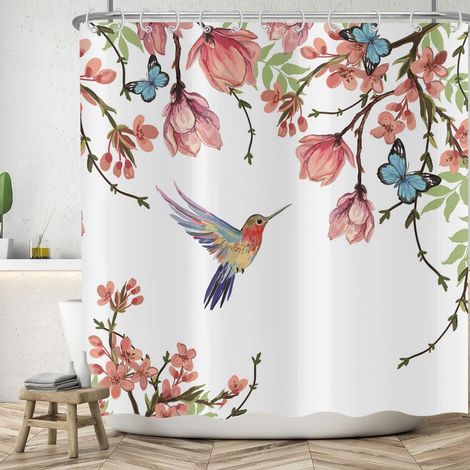 Rideau de Douche Fleurs 180x200 cm, Printemps Rose Fleurs Feuilles Vertes Papillon Bleu Oiseau coloré Lavables Textile Rideau de Bain imperméable pour Baignoire avec 12 Crochets (1/5)