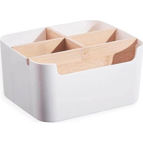 Organizador de escritorio de bambú con 5 compartimentos de almacenamiento - Organizador de mesa blanco para bolígrafos y accesorios (1/5)
