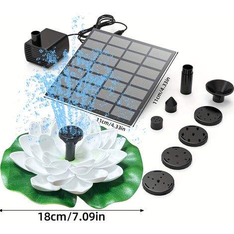 Pompe solaire pour fontaine en forme de lotus. Cette fontaine solaire possède 6 buses et convient aux bassins de jardin, aux terrasses et aux abreuvoirs à oiseaux.
