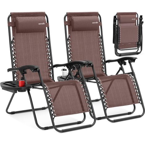 Set de 2 Chaises Pliantes - Chaise Longue Réglable pour Extérieur avec Table Latérale, Porte-Gobelets, Oreillers Amovibles - Patio, Jardin, Plage - Chocolat, Brown (1/5)