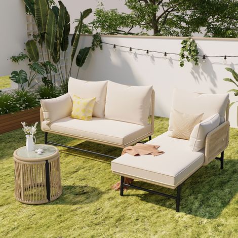 Conjunto de Jardín de 4 Plazas en Acero con Mesa, 2 Sofás de Cuerda Trenzada y Cojines Gruesos, Beige