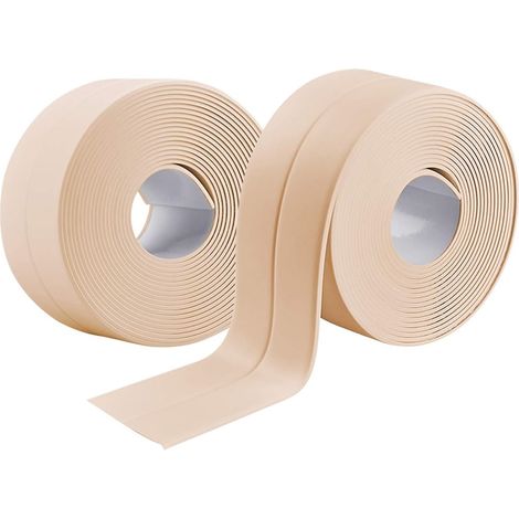 2 Rouleaux Bande Etancheite Autocollante Imperméable,PVC Ruban Adhesif de Scellage Mural,Douche,Toilette,Cuisine,Salle de Bains (Crème)