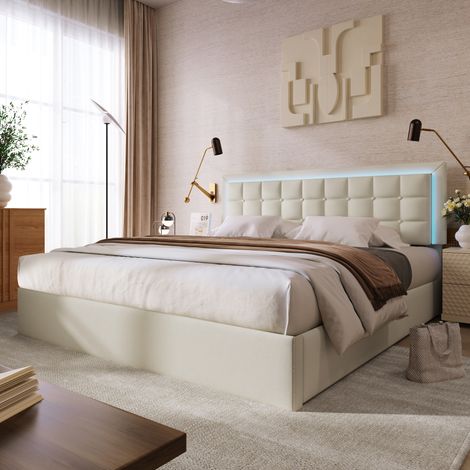 Letto matrimoniale 160x200 cm con LED, testiera imbottita in PU trapuntato, contenitore, bianco (materasso non incluso)