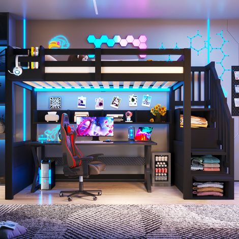 Lit mezzanine en bois 90x200 cm avec 4 rangements, armoire intégrée, escalier de rangement, éclairage LED, garde-corps, sommier à lattes, noir (1/5)