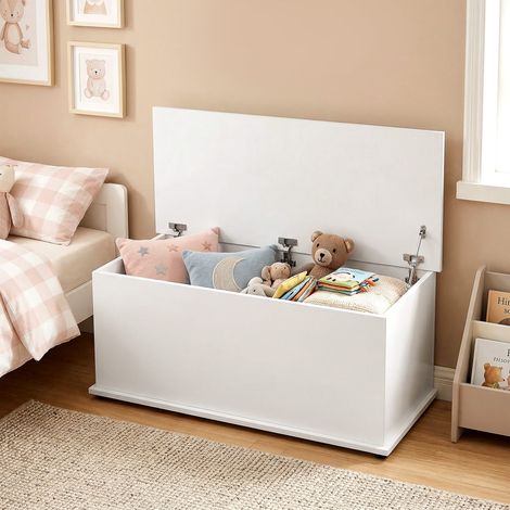 Panca multiuso 100x40x40cm en bois blanc avec charnières sécurisées, coffre de rangement pour chaussures et accessoires, parfaite pour entrée, couloir, chambre et salon. (1/5)