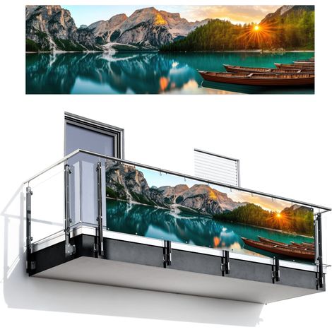 PANTALLA DE PRIVACIDAD PARA BALCÓN Lago - Montañas - Puesta de sol - Barco 300x95 (1/4)