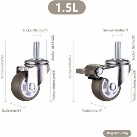Roulette - Tige Filetée M8 - Caoutchouc TPE - 38 mm - Charge Max 22 kg - Pour Chariot À Main Et Meuble - 2 Pièces Avec Frein + 2 Sans Frein (1/5)
