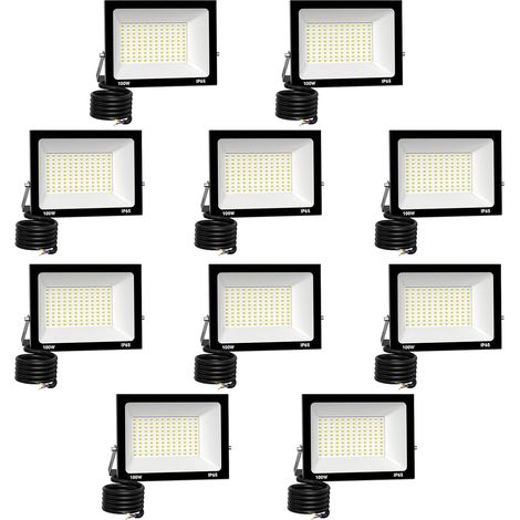 10 Pack Projecteur LED Extérieur 100W 10000 lúmenes 6500K lumière Blanche Froide Spot LED Eclairage IP65 Étanche Projecteur Extérieur Eclairage de Sécurité Floodlight