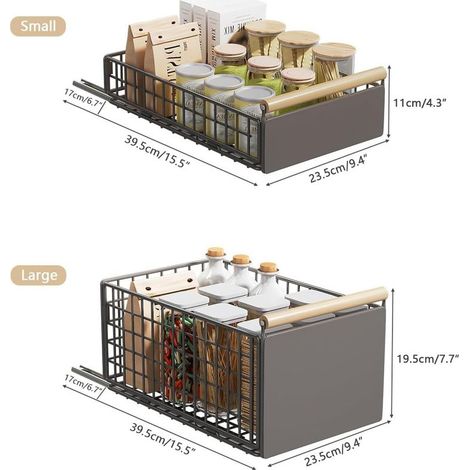 Lot de 2 Tiroir Coulissant Pliable Sans Perçage ni Collage, Panier coulissant pour Cuisine Placard,Coulisse Rangement ,Telescopique, Gris Grande+petit