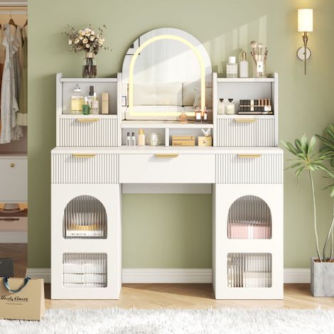 Grande coiffeuse 120 × 40 × 139,5 cm,avec coiffeuse miroir 3 couleurs led éclairage–coiffeuse de chambre avec 3 tiroirs,2 portes vitrées et étagères,flexible avec étagères réglables en hauteur,blanc (1/5)