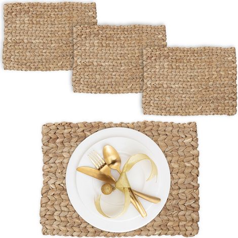 Relaxdays Set 4 Tovagliette Sottopiatto in Giacinto Acquatico, HLP: 1,5x42x30 cm, Placemat Americane in Paglia, Naturale