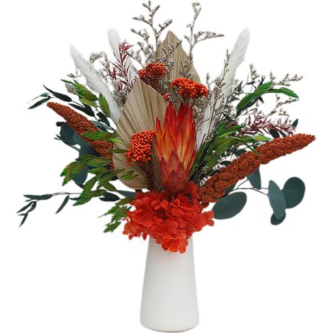 【【CH-098】001 (avec vase)】Bouquet de fleurs séchées de lotus des neiges, bouquet en forme d'éventail, feuilles d'eucalyptus mélangées à du rouge, vase haut de gamme pour vraies fleurs, décoration intér (1/2)