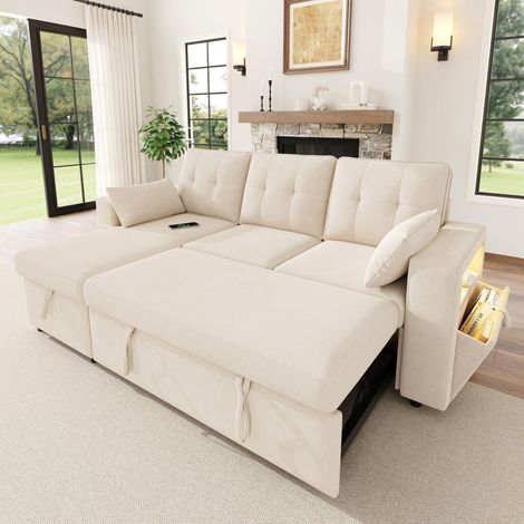 Sofá cama de esquina - 213 x 131 x 83 cm - chaiselongue reversible, arcón de almacenamiento, puerto usb tipo-c, iluminación led, reposabrazos con estantes, 2 cojines - estilo moderno - chenilla - beig (1/5)