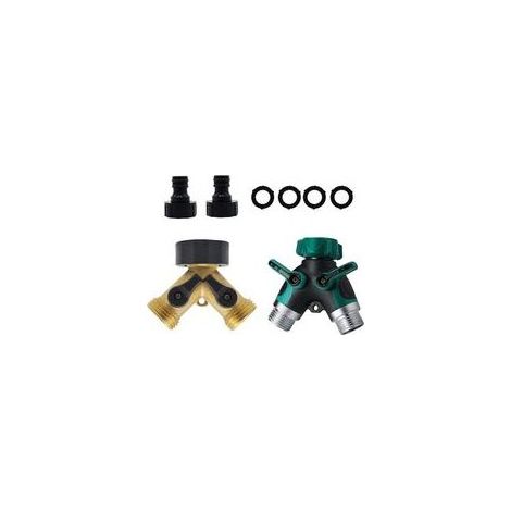 Robinet Double Machine a Laver, Répartiteur Raccord Robinet Tuyau d'Arrosage en Y 2 Voies pour Tuyaux d'Alimentation 3/4", Robinet de jardin extérieur double en laiton robuste avec raccords à deux voi (1/5)