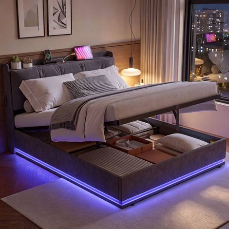 Lit adulte coffre 160 x 200 cm avec éclairage LED et ports USB, Cadre de lit 160 x 200 avec lattes en bois et tête de lit rembourrée, moderne et confortable, lit en velours, sans matelas (1/5)