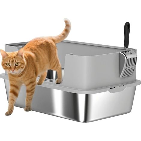 Tray to litter XL in stainless steel with sill high, shovel integrated, easy to clean, anti-leaks, 60 x 40 x 29,5 cm, gray (1/5)